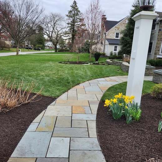 A curved bluestone front walk running through mulched beds and daffodils, past a white lamp post toward the street.
