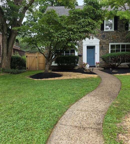After: the same front lawn with the bed cut back to a clean curve, freshly mulched, and the gravel path re-edged.