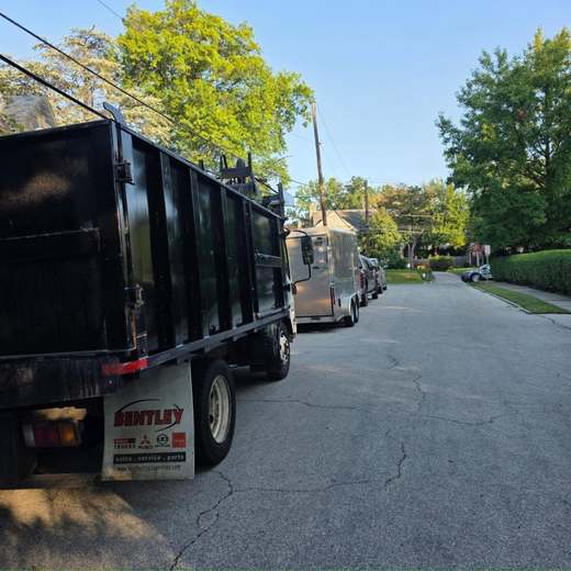A black dump truck and an enclosed equipment trailer parked along a tree-lined residential street.